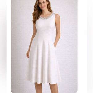 DRESS BARN White Studded Neckline Textured Flared Sleeveless Dress Size 8